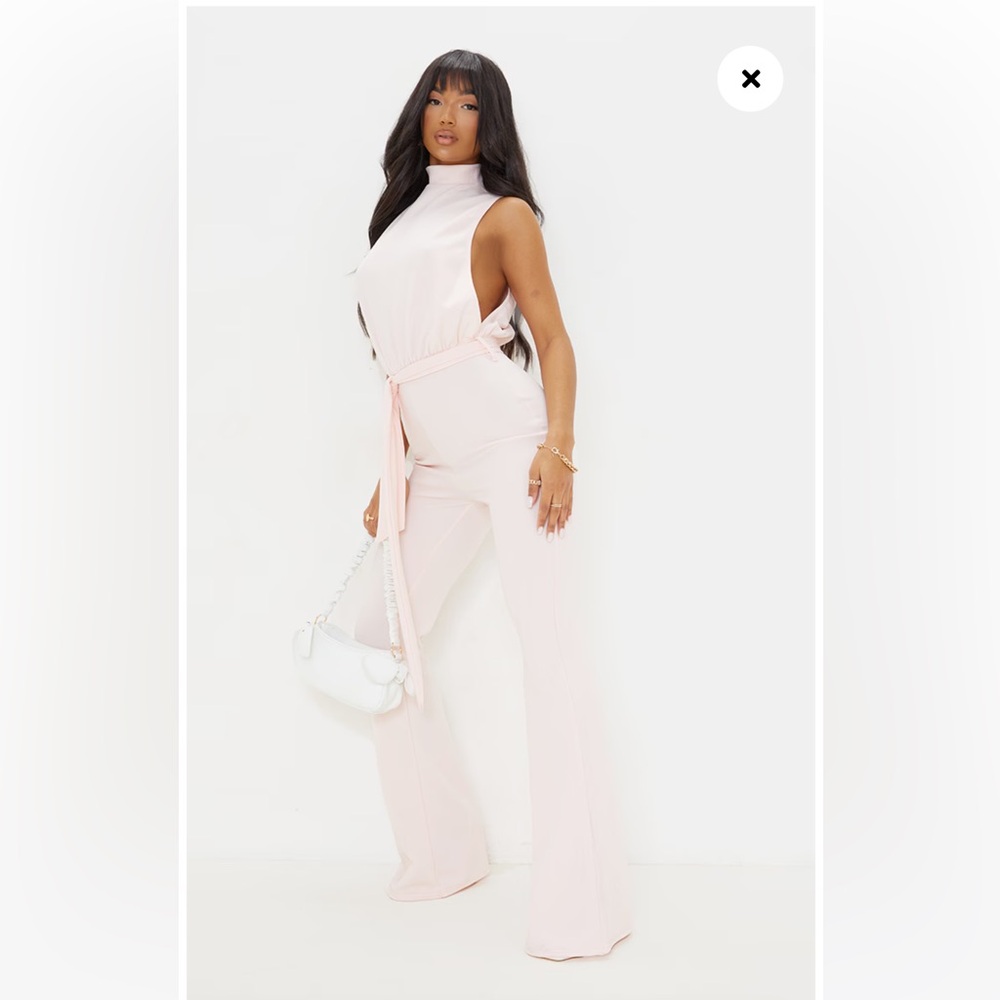 PLT Blush Scuba High Neck Tie Waist Jumpsuit